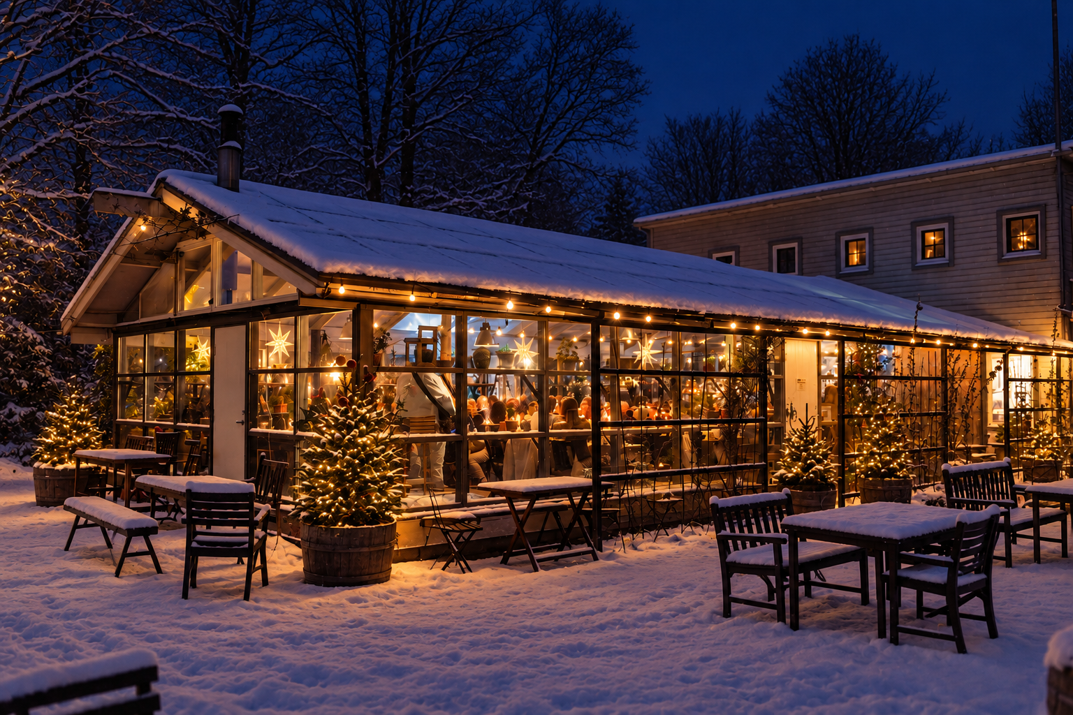 AI-genererad bild på Kafé Källtorp i vinterskrud